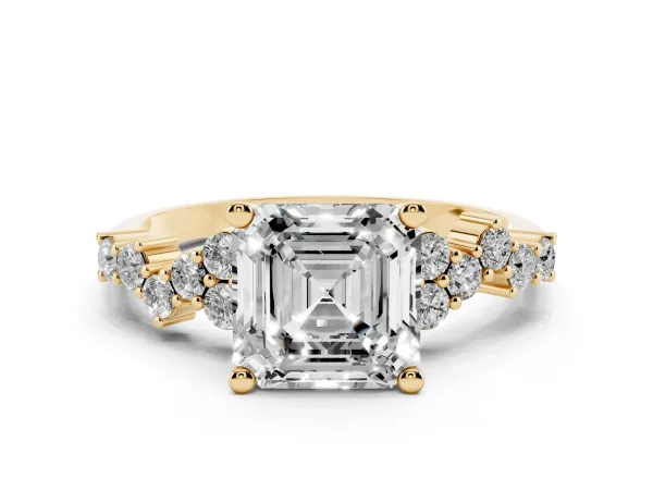 Asscher Cut Diamond Scattered Round Accent Ring with Prong Setting Yellow gold