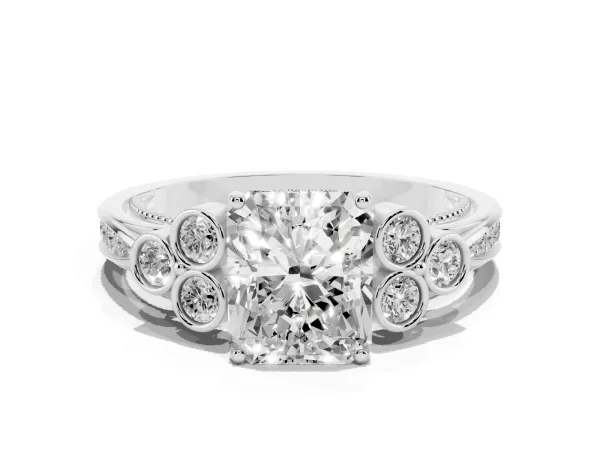 Radiant Cut Cut Diamond Engagement Ring with Bezel Set Round Side Stones and Prong Setting Platinum