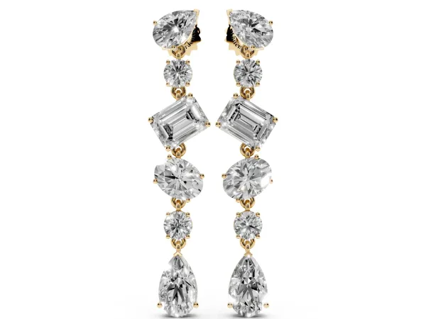 Pear, Oval, Emerald and Round Diamond Waterfall Drop Earrings Yellow gold