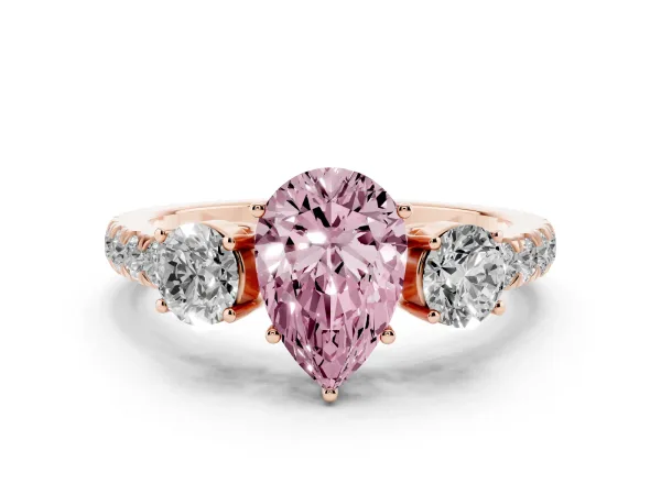 Fancy Pink Pear Cut Cut Diamond Three-Stone Ring with Round Side Stones and Pavé Band Rose gold
