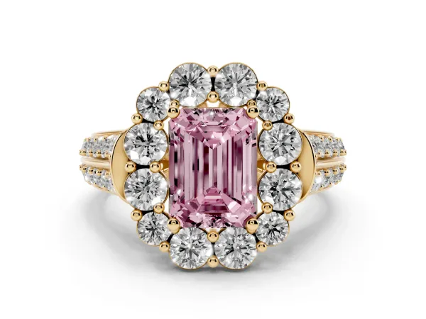 Fancy Pink Emerald Cut Halo Diamond Engagement Ring with Split Shank and Prong Setting Yellow gold