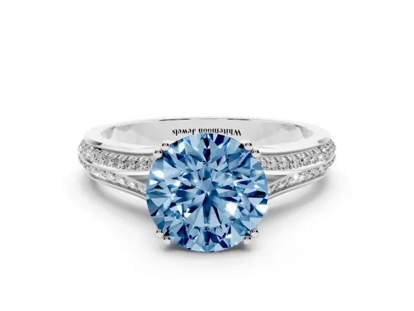 Fancy Blue Round Cut Diamond Split Shank Engagement Ring with Pavé Band Platinum