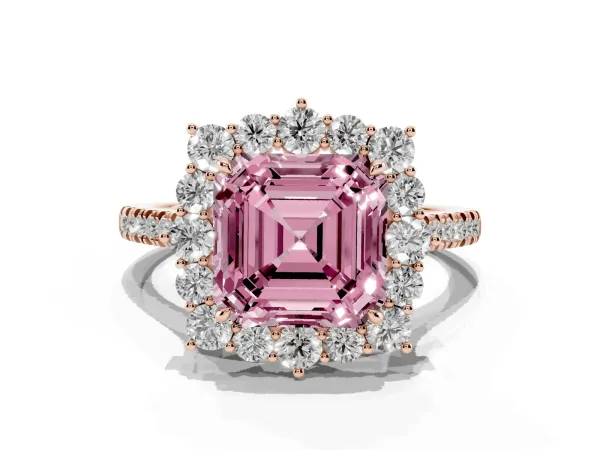 Fancy Pink Asscher Cut Halo Diamond Ring with Pavé Band and Prong Setting Rose gold
