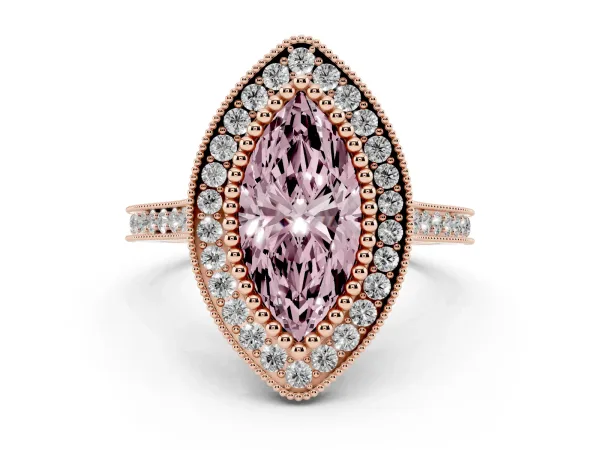 Fancy Pink Marquise Cut Diamond Halo Ring with Milgrain Frame and Pavé Band Rose gold