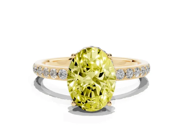 Fancy Yellow Oval Cut Diamond Solitaire Ring with Pavé Band and Hidden Halo Yellow gold