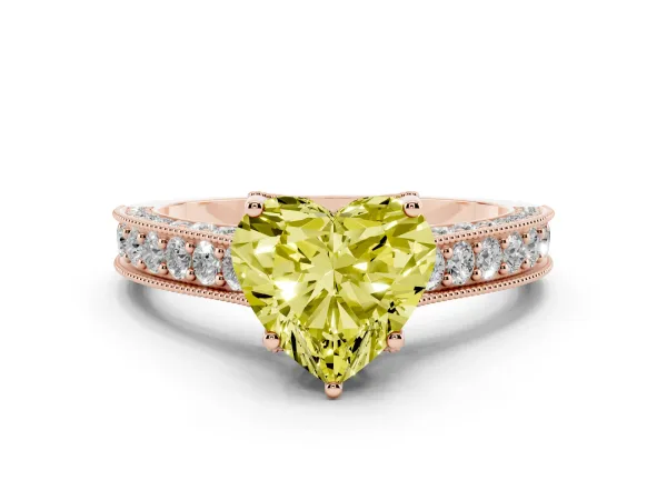 Fancy Yellow Heart Cut Cut Diamond Solitaire Ring with Milgrain Pave Band and Four Prong Setting Rose gold