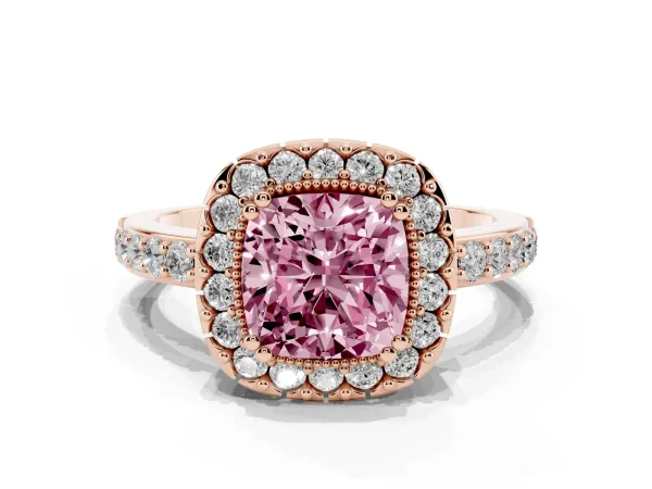 Fancy Pink Cushion Cut Diamond Halo Ring with Pavé Band and Prong Setting Rose gold
