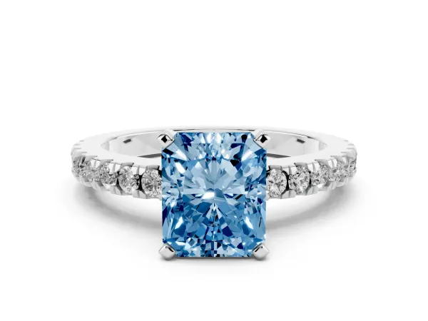 Fancy Blue Radiant Cut Solitaire Diamond with Pavé Band and Four-Prong Setting White gold
