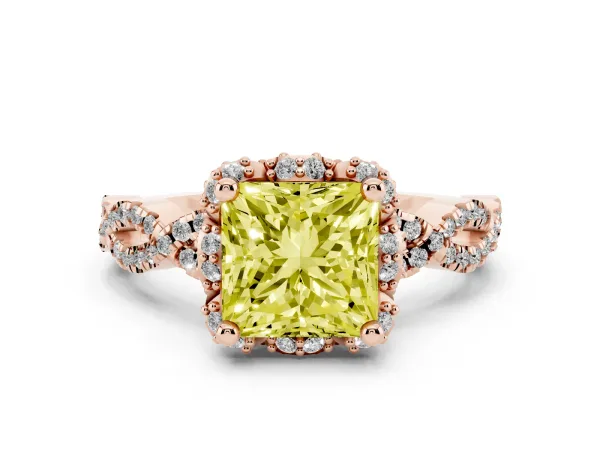 Fancy Yellow Princess Cut Halo Twist Band Solitaire Ring with Six-Prong Setting Rose gold