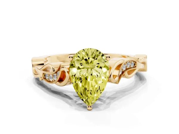 Fancy Yellow Pear Cut Solitaire Vine Band with Milgrain Prong Setting Yellow gold
