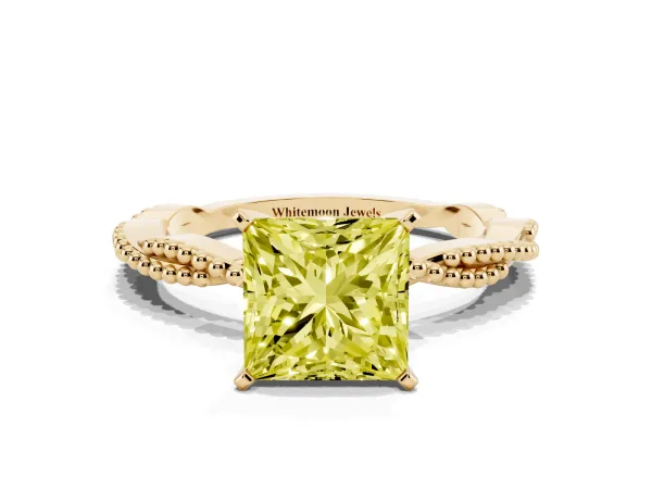 Fancy Yellow Princess Cut Solitaire Twisted Band with Bead Prong Setting Yellow gold