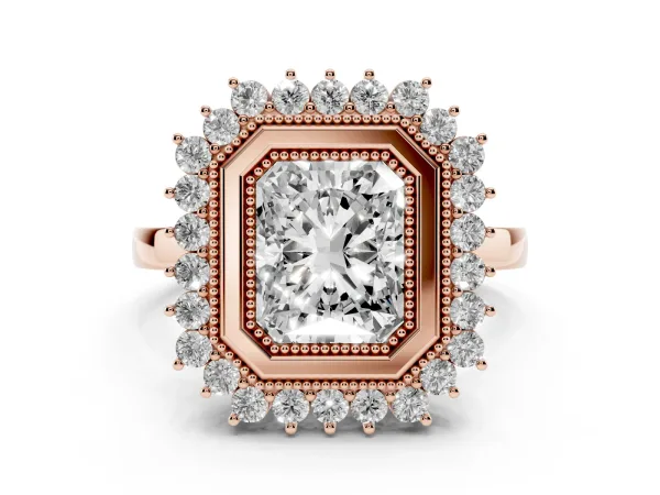 Radiant Cut Halo Diamond Ring with Milgrain Edge and Round Prong Setting Rose gold