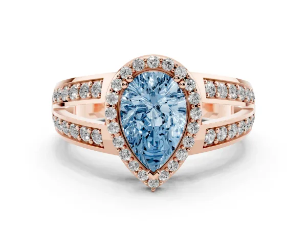 Fancy Blue Pear Cut Diamond Halo Ring with Split Shank Pavé Band and Four-Prong Setting Rose gold