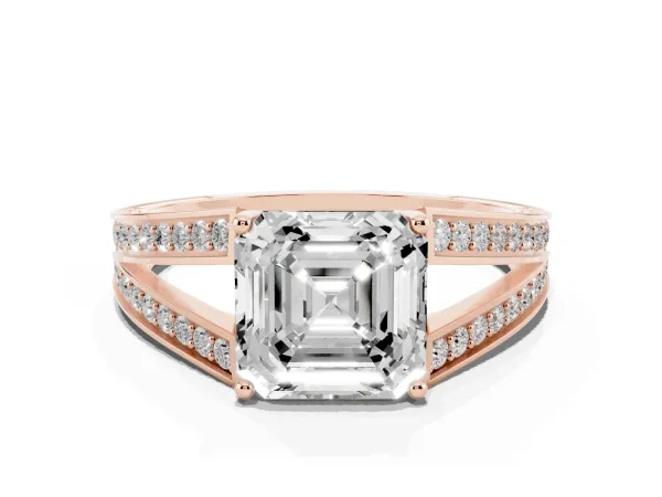 Asscher Cut Diamond Split Shank Ring with Pavé Band and Four-Prong Setting Rose gold