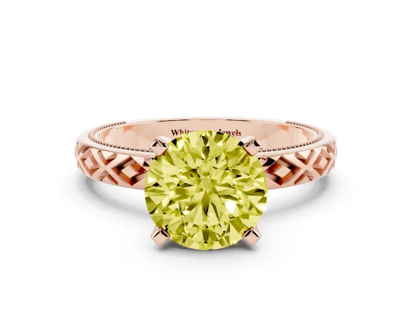 Fancy Yellow Round Cut Solitaire Diamond Ring with Milgrain and Black Enamel X Pattern Band Rose gold