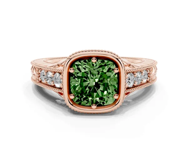 Fancy Green Bezel Set Cushion Cut Diamond Milgrain Pave Engagement Ring Rose gold