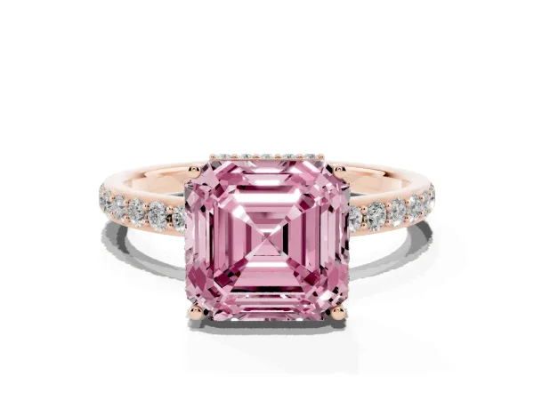 Fancy Pink Asscher Cut Diamond Solitaire Ring with Pavé Band and Hidden Halo Rose gold