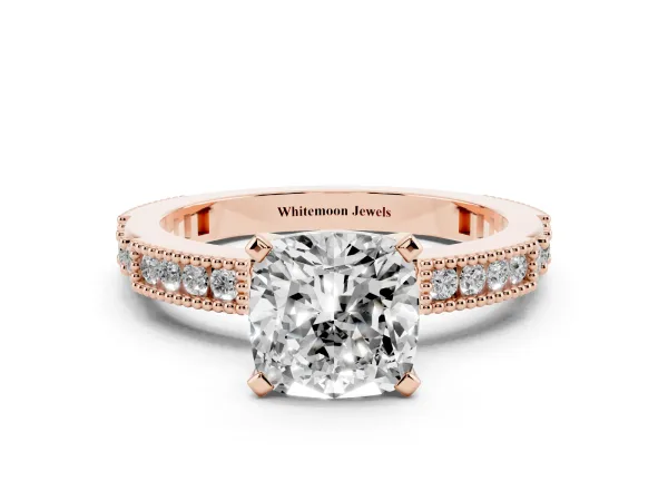 Cushion Cut Solitaire with Pavé Band and Four-Prong Setting Rose gold