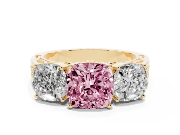 Fancy Pink Cushion Cut Diamond Three-Stone Ring with Prong Setting and Textured Band Yellow gold