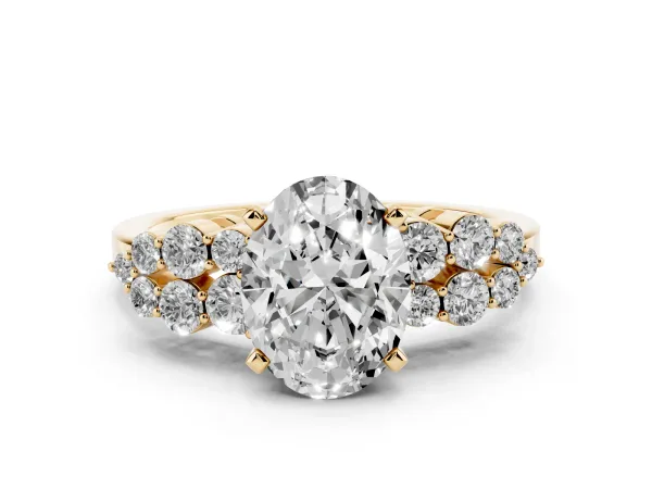Oval Cut Cluster Diamond Engagement Ring with Pavé Band and Four-Prong Setting Yellow gold