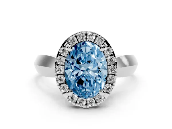 Fancy Blue Oval Cut Cut Halo Solitaire Engagement Ring with Square Band and Four-Prong Setting Platinum