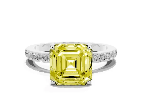 Fancy Yellow Asscher Cut Diamond Pavé Engagement Ring with Round Accents and Prong Setting Platinum