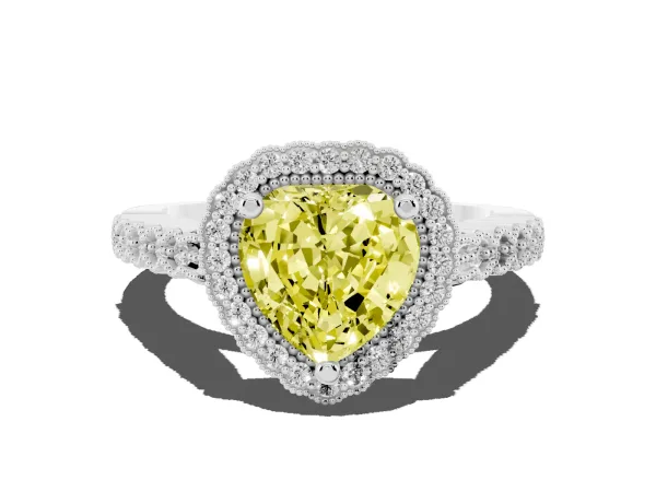 Fancy Yellow Heart Cut Cut Halo Pavé Solitaire Ring with Milgrain Band Platinum