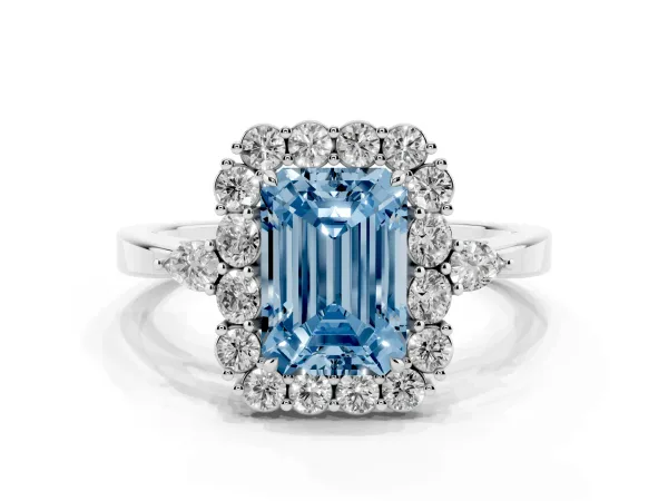 Fancy Blue Emerald Cut Diamond Halo Ring with Pear Side Stones and Prong Setting Platinum