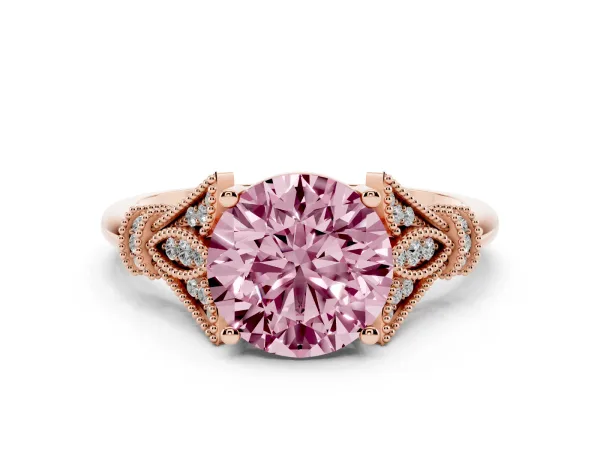 Fancy Pink Round Cut Diamond Solitaire Ring with Floral Filigree and Pave Accents Rose gold