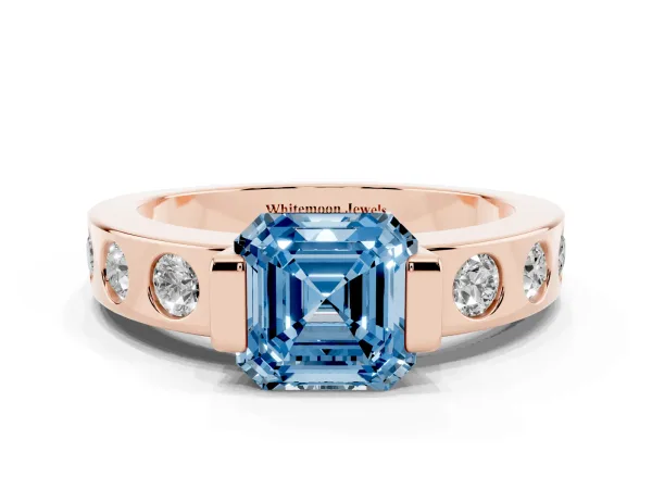 Fancy Blue Asscher Cut Brilliant Channel-Set Diamond Ring with Bezel Prong Setting Rose gold