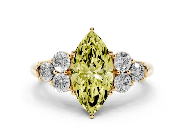 Fancy Yellow Marquise Cut Cut Diamond Cluster Ring with Round Accent Stones and Prong Setting on a Classic Band Yellow gold