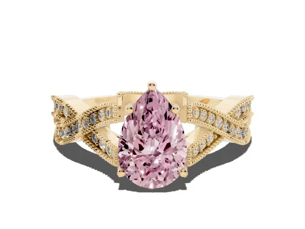 Fancy Pink Pear Cut Cut Diamond Twisted Band with Milgrain Pave Setting and Four-Prong Setting Yellow gold