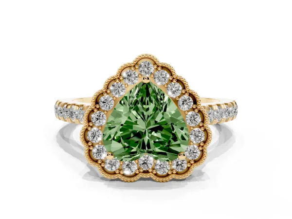 Fancy Green Heart Cut Cut Diamond Milgrain Floral Halo Engagement Ring with Pavé Band Yellow gold
