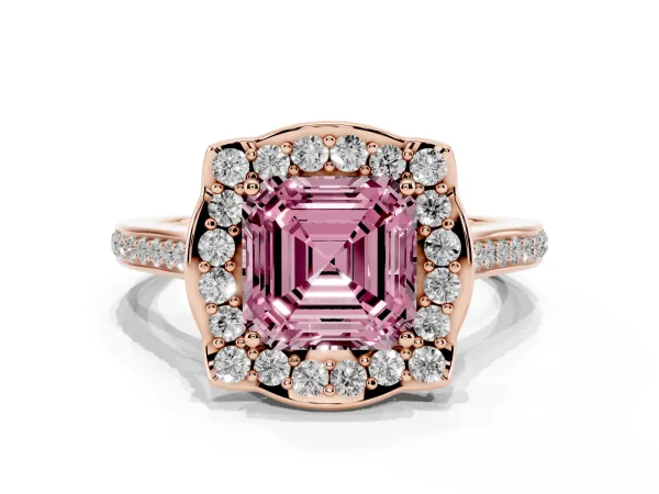 Fancy Pink Asscher Cut Halo Round Diamond Pave Band with Four-Prong Setting Rose gold