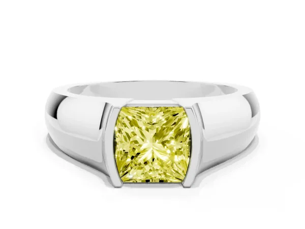 Fancy Yellow Princess Cut Solitaire Bezel Set Diamond Ring with Wide Band Silver