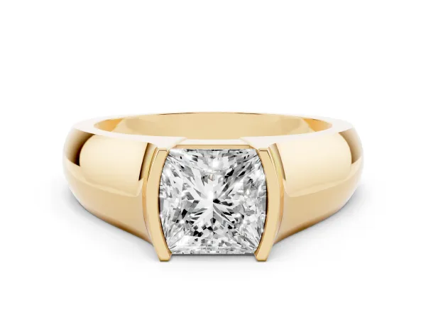 Princess Cut Solitaire Bezel Set Diamond Ring with Wide Band Yellow gold