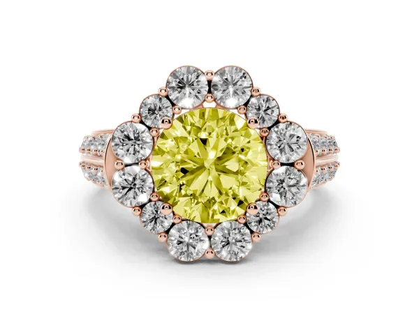 Fancy Yellow Round Cut Halo Diamond Engagement Ring with Split Shank and Prong Setting Rose gold