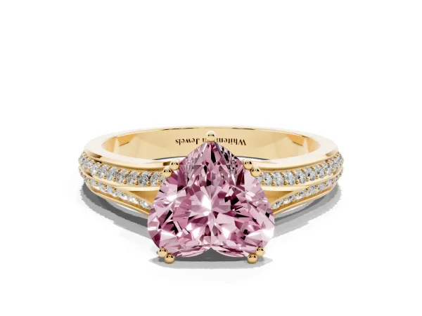 Fancy Pink Heart Cut Diamond Split Shank Engagement Ring with Pavé Band Yellow gold