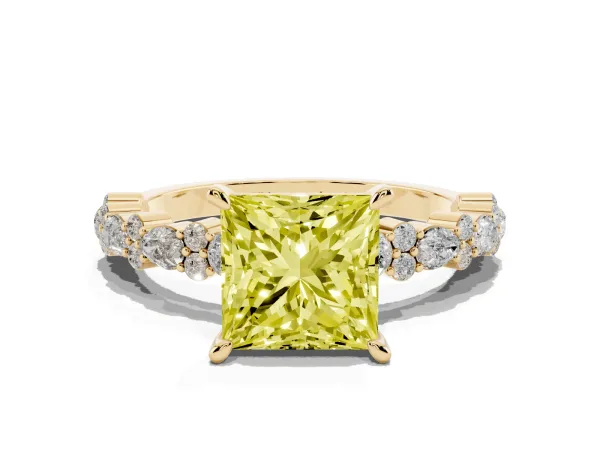 Fancy Yellow Princess Cut Diamond Side Stone Solitaire Ring with Round and Four-Prong Setting Yellow gold
