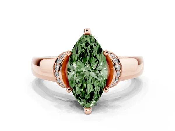 Fancy Green Marquise Cut Solitaire Diamond Ring with Pave Band and Six-Prong Setting Rose gold