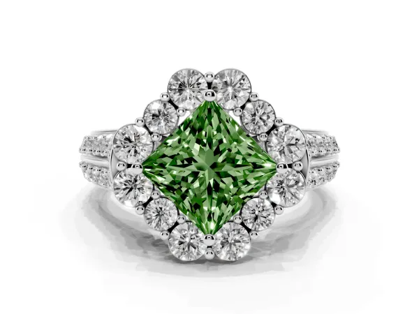 Fancy Green Princess Cut Halo Diamond Engagement Ring with Split Shank and Prong Setting Platinum