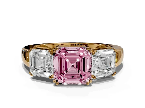 Fancy Pink Three-Stone Asscher Cut Cut Diamond Ring with Channel Set Band and Four-Prong Setting Yellow gold
