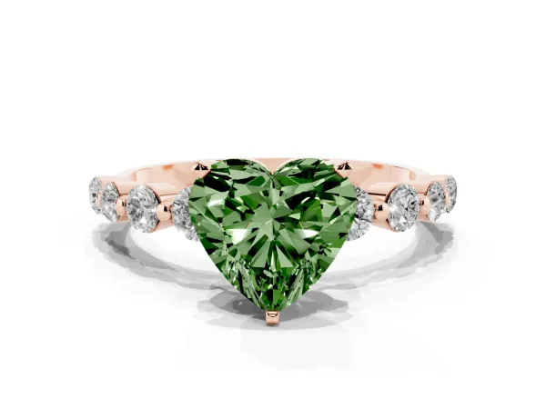 Fancy Green Heart Cut Solitaire Diamond Ring with Pave Band and Four-Prong Setting Rose gold