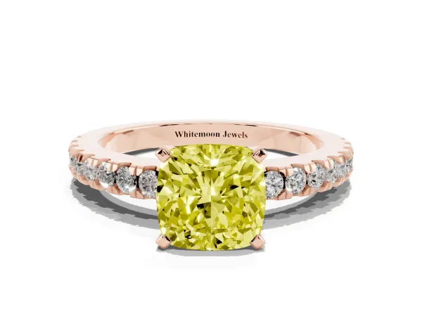 Fancy Yellow Cushion Cut Solitaire Diamond with Pavé Band and Four-Prong Setting Rose gold