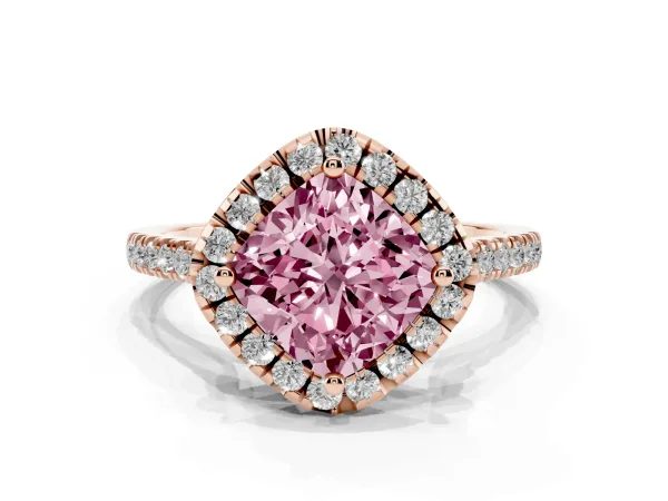 Fancy Pink Cushion Cut Diamond Cushion Halo Ring with Pavé Band Rose gold