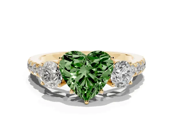 Fancy Green Heart Cut Cut Diamond Three-Stone Ring with Round Side Stones and Pavé Band Yellow gold