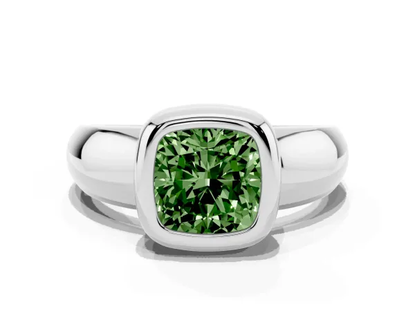 Fancy Green Bezel Set Cushion Cut Solitaire Ring with Wide Band Platinum