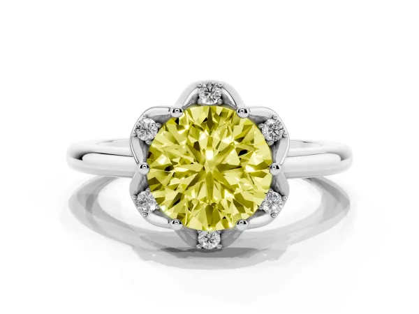 Fancy Yellow Round Cut Halo Diamond Ring with Round Cluster Setting, Solitaire Band, and Four-Prong Setting White gold