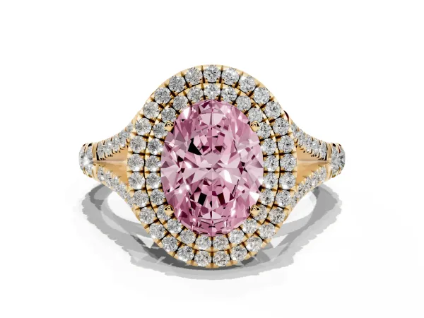 Fancy Pink Oval Cut Cut Double Halo Split Shank Diamond Ring with Prong Setting Yellow gold