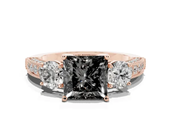 Fancy Black Princess Cut Three-Stone Diamond Ring with Pavé Band and Four-Prong Setting Rose gold